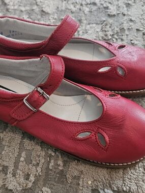 Red Mary Jane Leather Flats with Cutout Detail